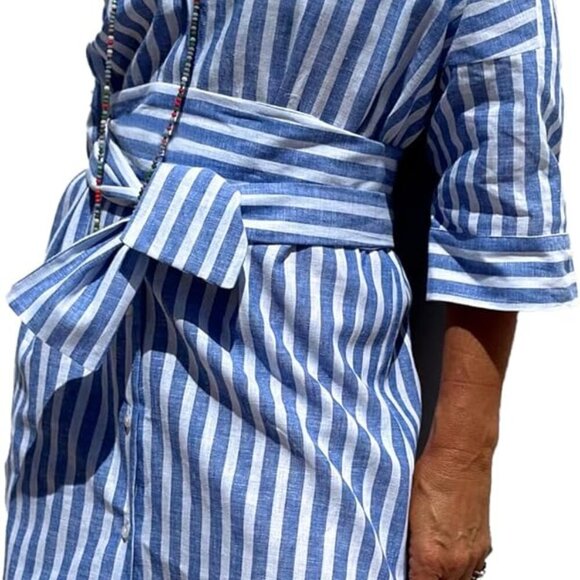 Dresses & Skirts - Women's Cotton Maxi Shirt Dress Blue Striped Casual 3/4 Sleeve Belted